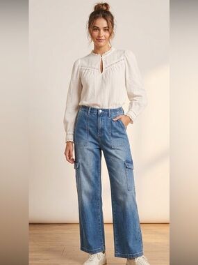 ALMOST FAMOUS cargo denim wide leg Jeans w elastic waist high waist size medium